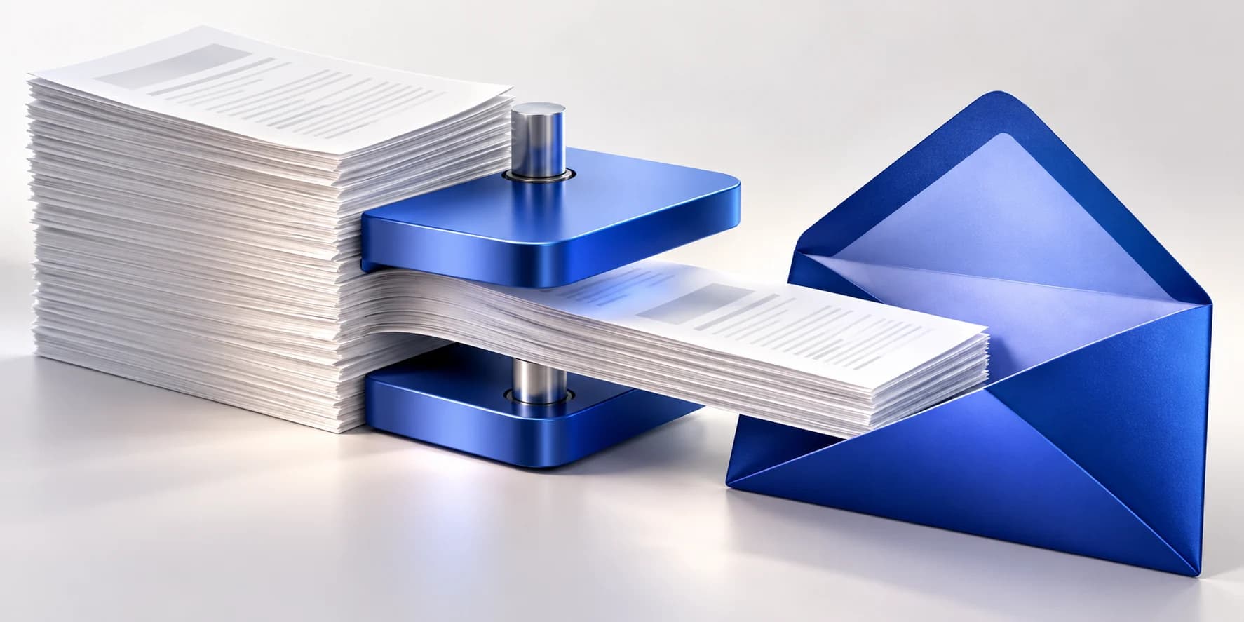 A compact stack of document pages sliding into a blue envelope, illustrating smaller email attachments.