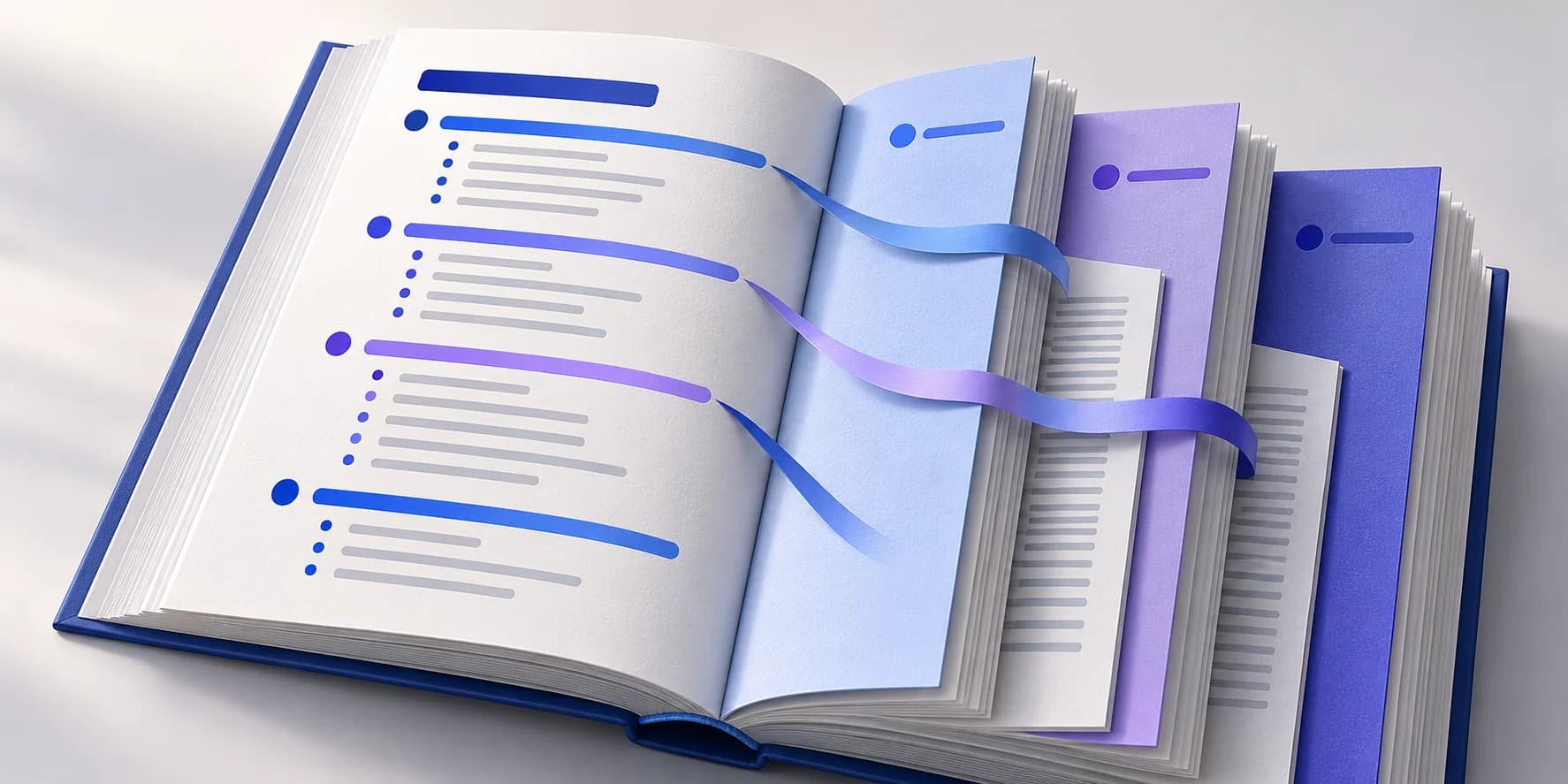 An open document with a structured contents page and blue-violet chapter dividers.