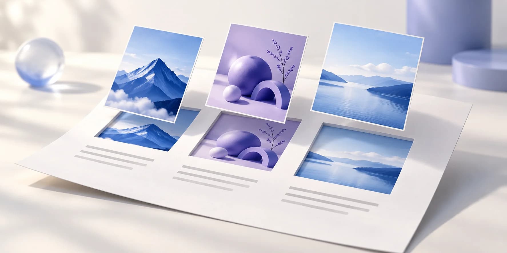 Separate landscape picture cards lifting out of a white document, illustrating embedded-image extraction.