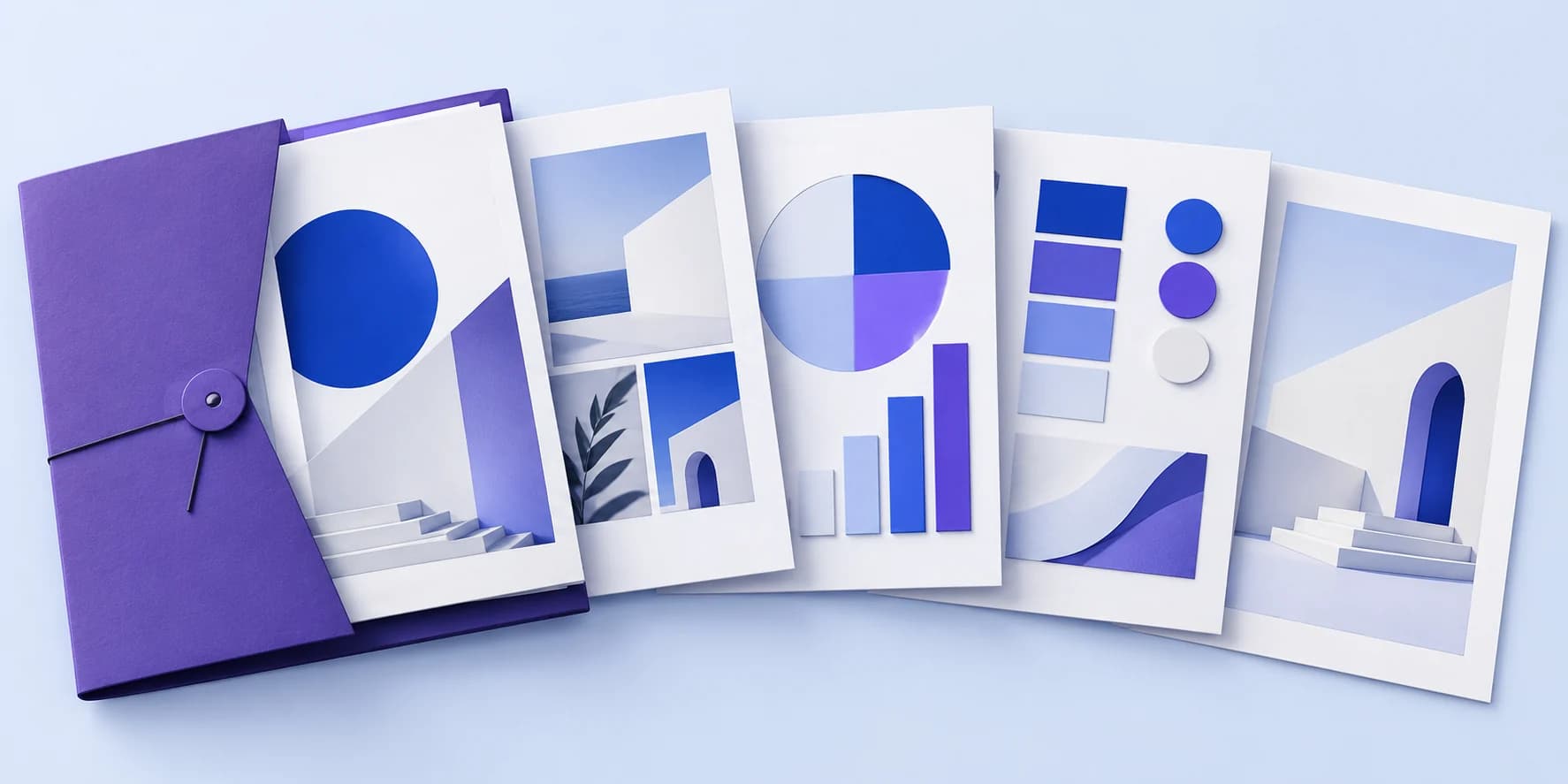 A curated fan of presentation pages and document artwork arranged as a portfolio