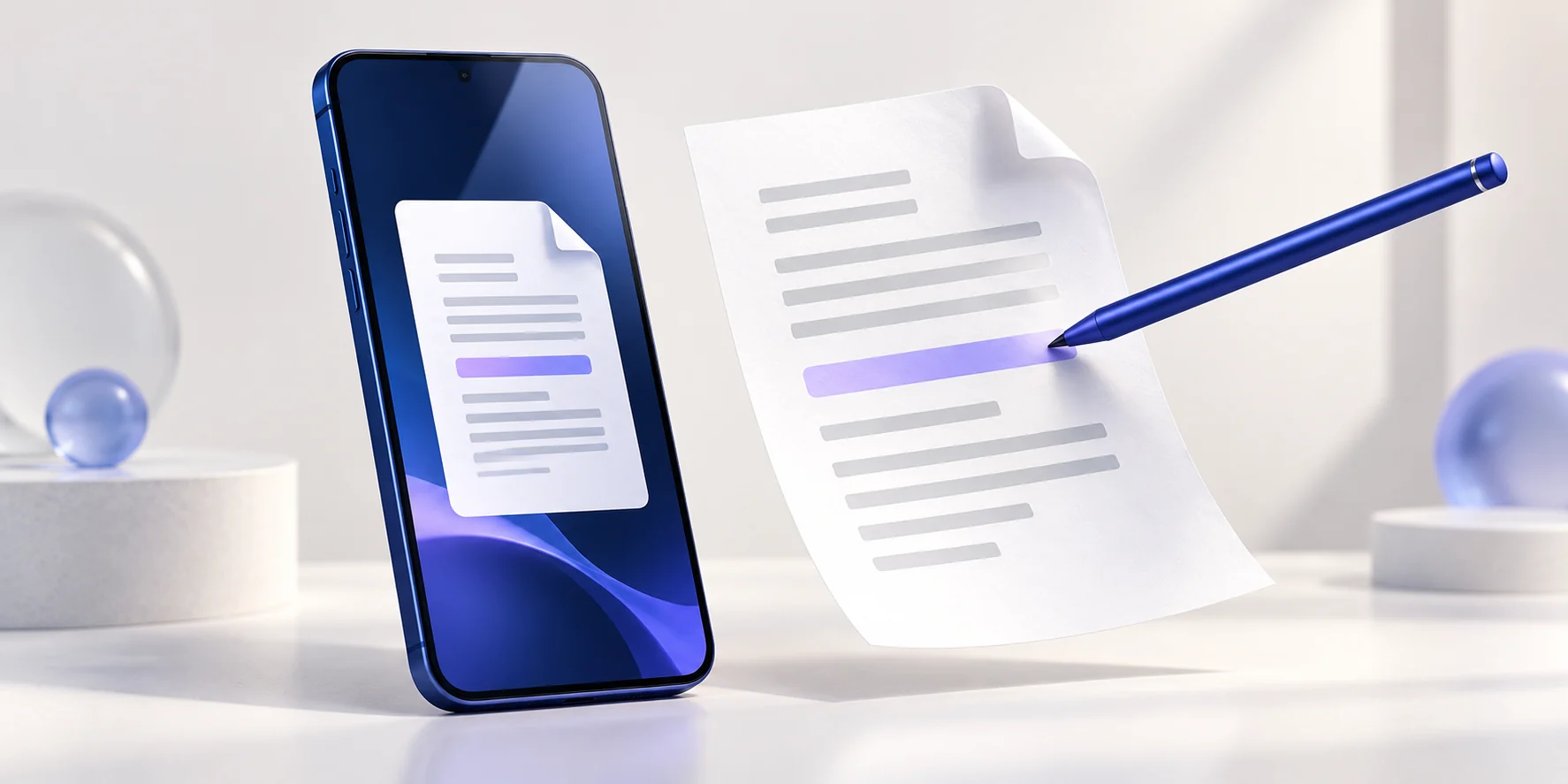 An unbranded smartphone beside an editable document and a blue stylus, illustrating mobile PDF editing.