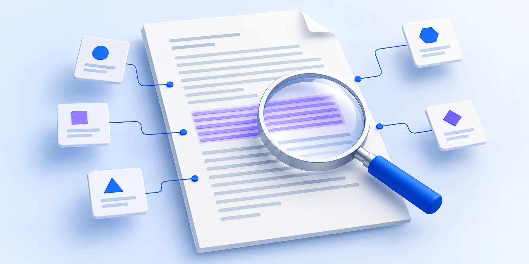 An abstract AI-assisted review network highlighting a passage in a document