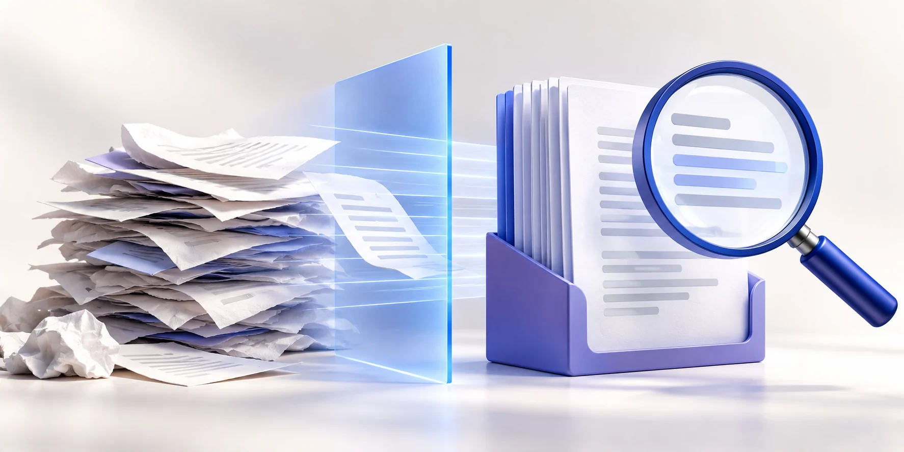 Paper pages passing through a blue scanning beam into an organized searchable document stack.