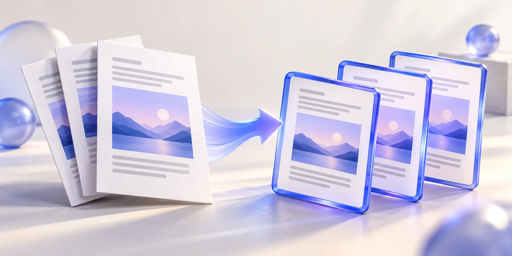 Complete document pages becoming framed image tiles with the same page layouts.