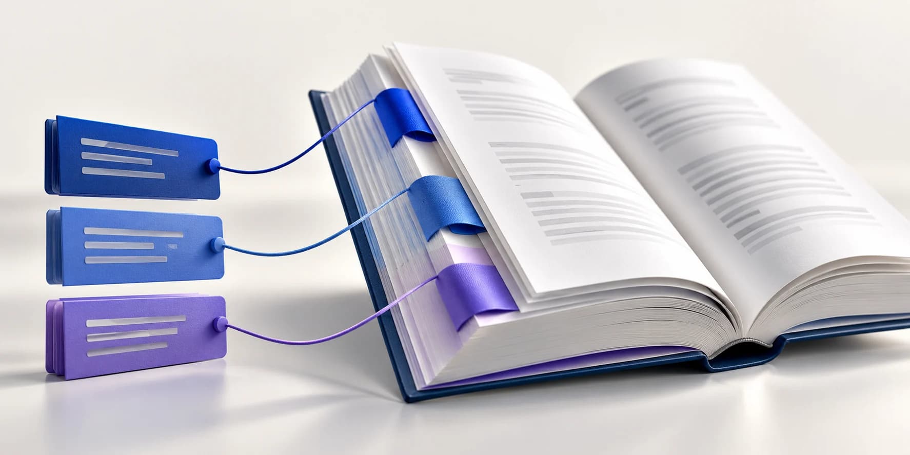 Blue and violet bookmark ribbons marking organized sections in a thick white document.