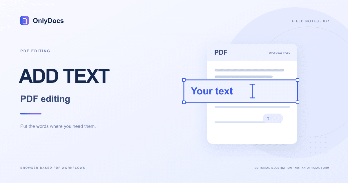 A PDF document with a selected text box and an insertion cursor.