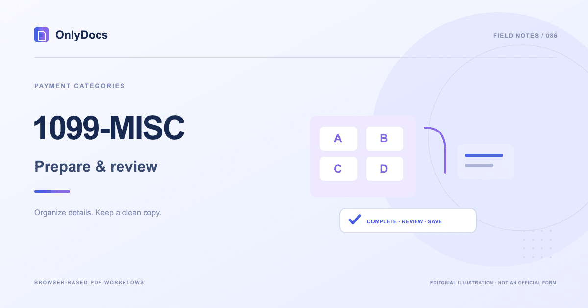 Editorial illustration for the 1099-MISC guide: payment categories with a completion and review workflow, not an official form.