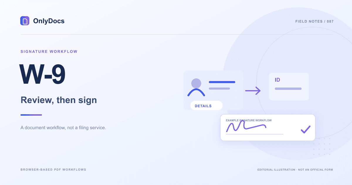Editorial illustration for the W-9 guide: signature workflow with an example signing panel, not an official form.