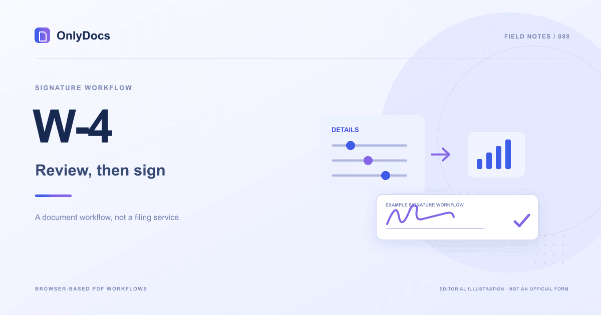 Editorial illustration for the W-4 guide: signature workflow with an example signing panel, not an official form.
