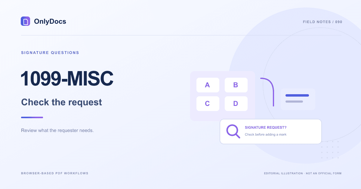 Editorial illustration for the 1099-MISC guide: signature questions with a magnified signature-request review panel, not an official form.
