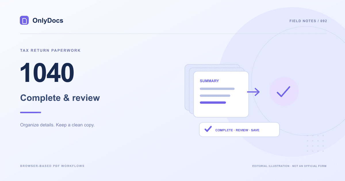 Editorial illustration for the 1040 guide: tax return paperwork with a completion and review workflow, not an official form.