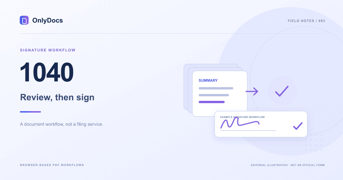 Editorial illustration for the 1040 guide: signature workflow with an example signing panel, not an official form.