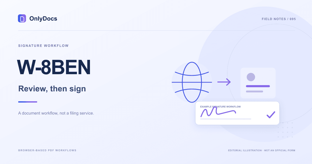 Editorial illustration for the W-8BEN guide: signature workflow with an example signing panel, not an official form.