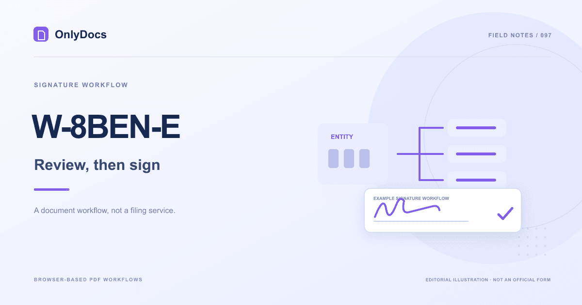 Editorial illustration for the W-8BEN-E guide: signature workflow with an example signing panel, not an official form.