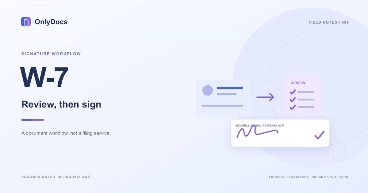 Editorial illustration for the W-7 guide: signature workflow with an example signing panel, not an official form.