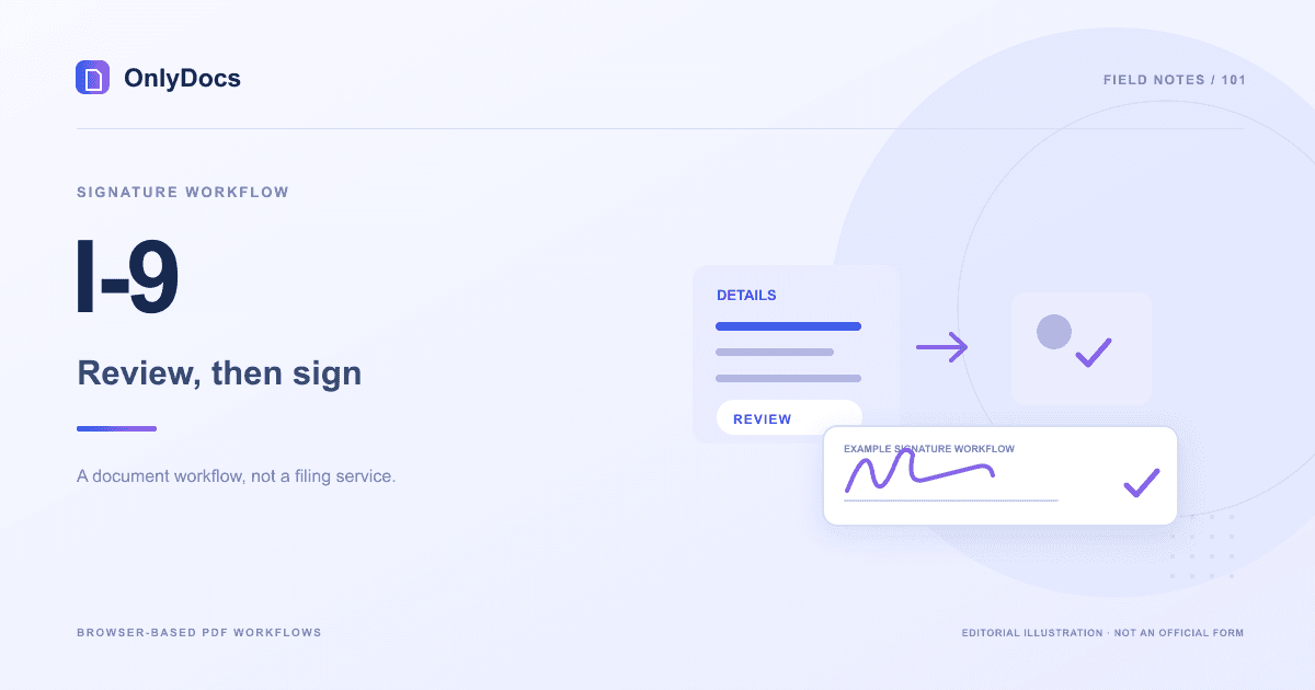 Editorial illustration for the I-9 guide: signature workflow with an example signing panel, not an official form.