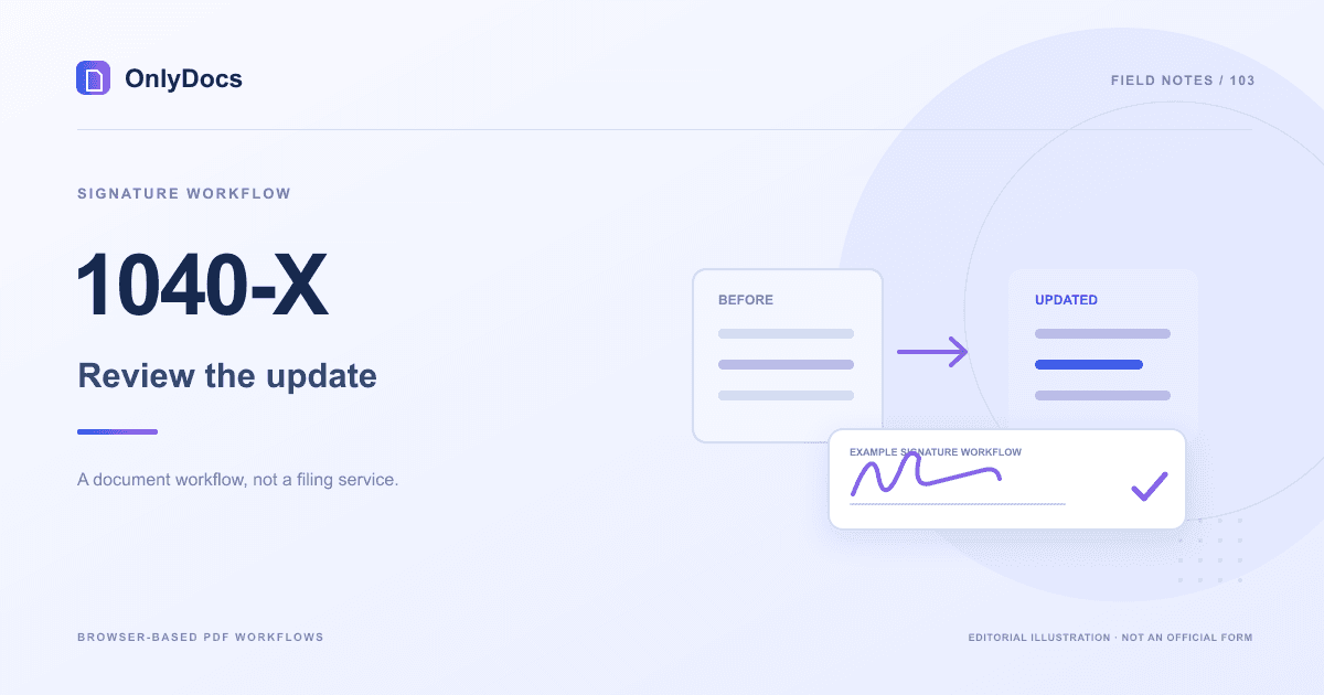 Editorial illustration for the 1040-X guide: signature workflow with an example signing panel, not an official form.