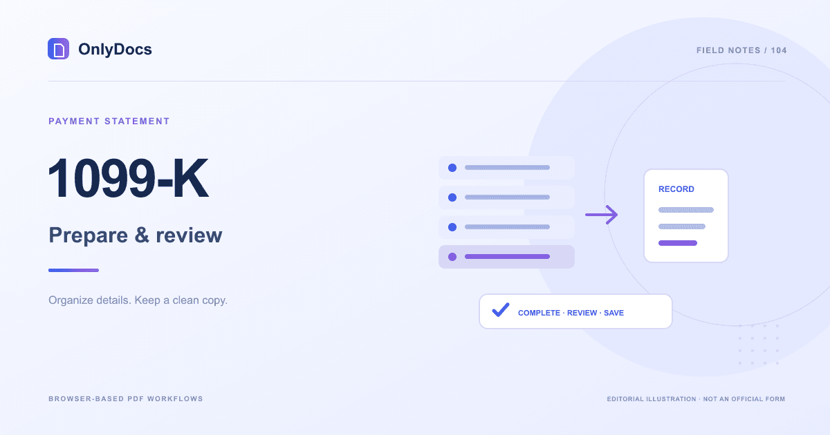 Editorial illustration for the 1099-K guide: payment statement with a completion and review workflow, not an official form.