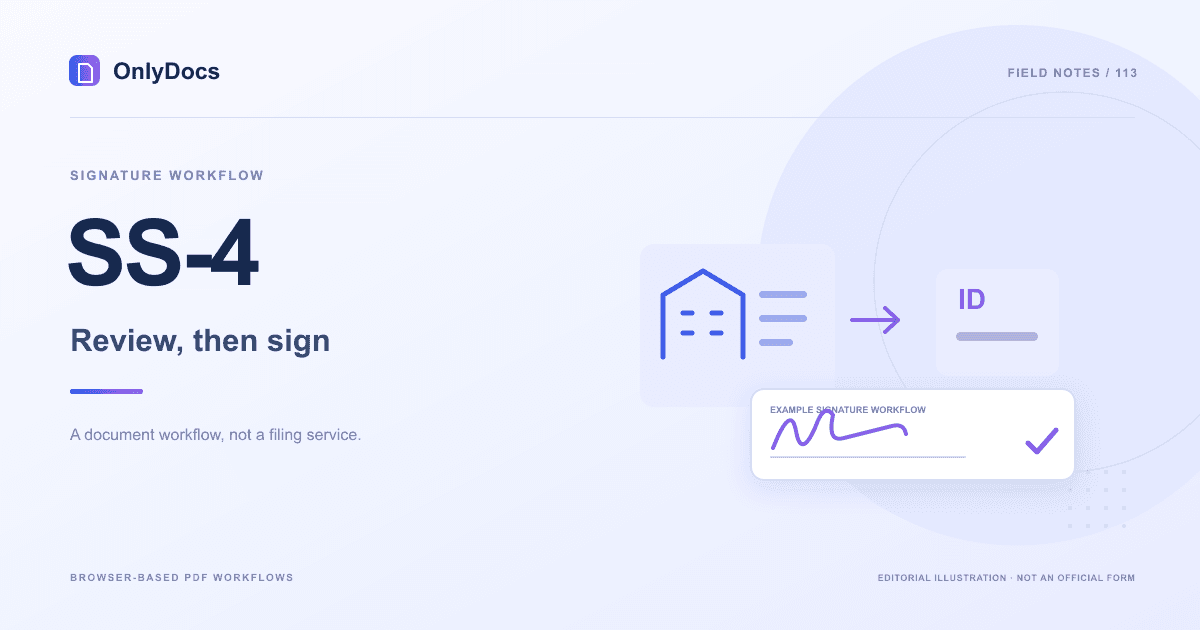 Editorial illustration for the SS-4 guide: signature workflow with an example signing panel, not an official form.