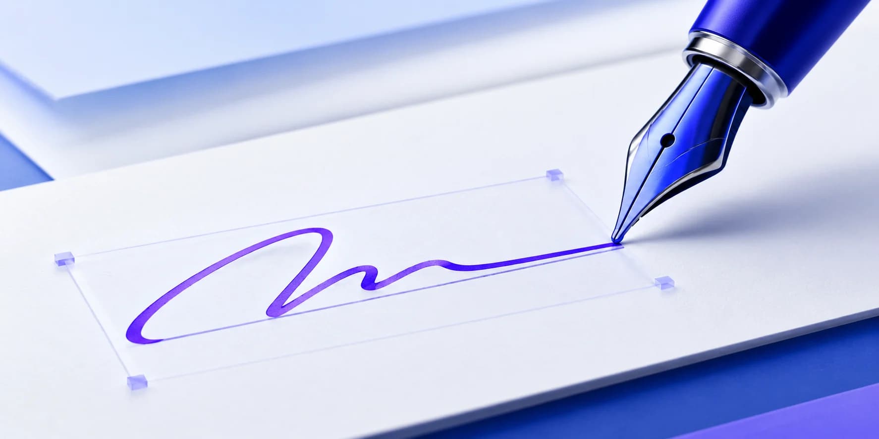 A fountain pen adding a flowing signature to a document on a light surface