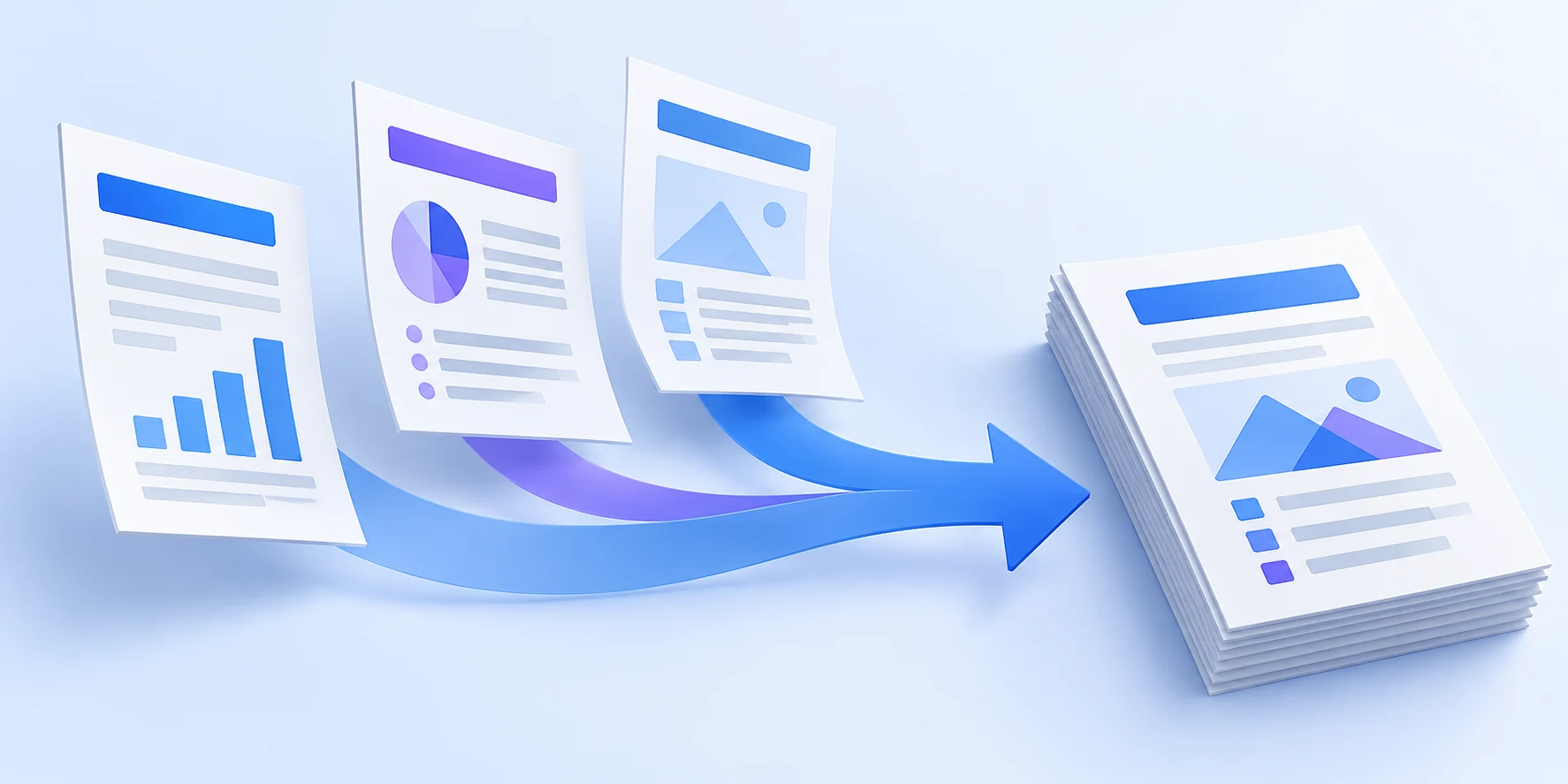 Three separate document pages joining into one neatly bound PDF stack