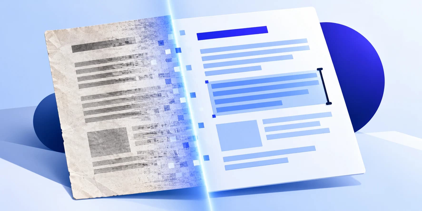 A scanning beam turning a photographed paper page into crisp selectable text lines